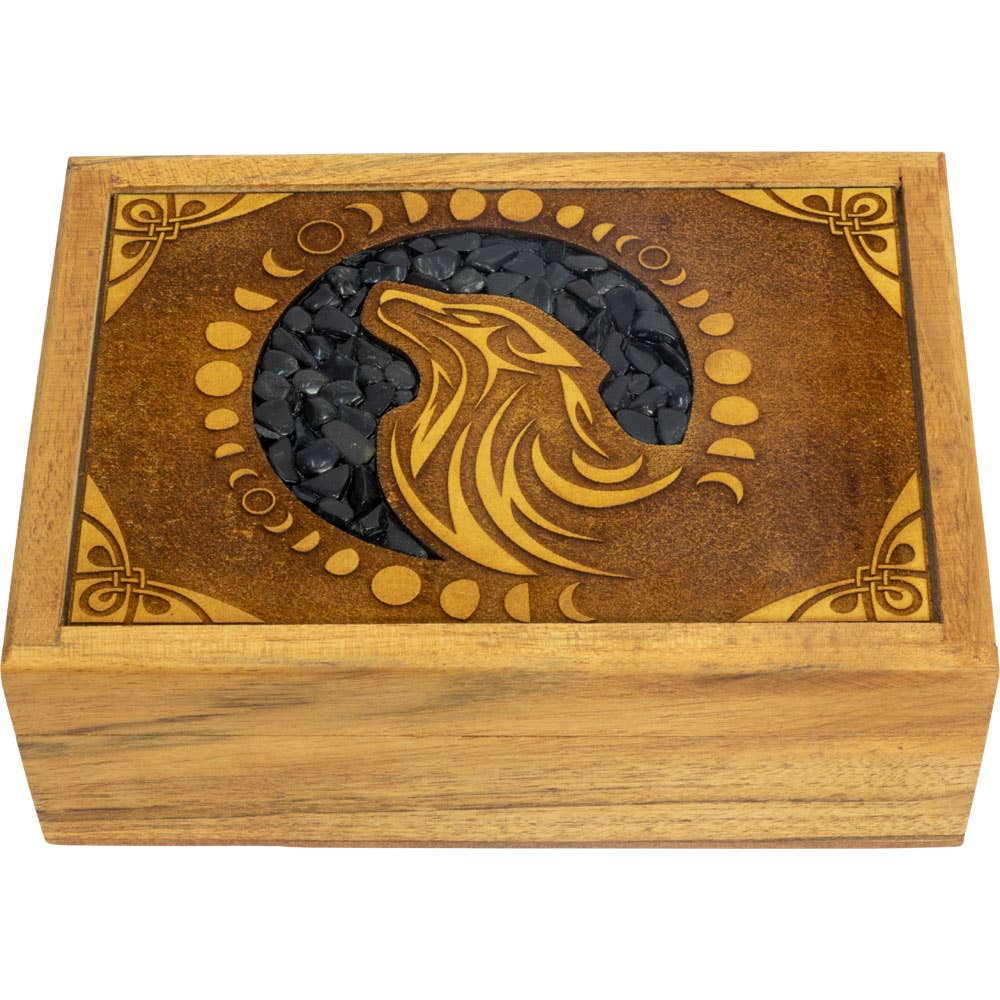 Velvet Lined Laser Etched Wooden Box - Wolf w/ Black Onyx - Northern Magick Supplies
