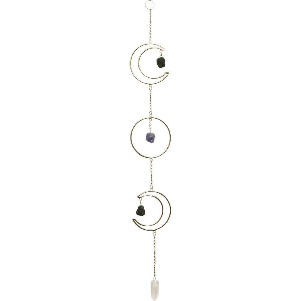 Metal Wall Hanging Triple Moon w/ Crystal Point & Gemstones - Northern Magick Supplies