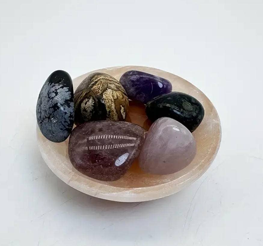 Selenite Charging Bowl (8cm) + 7 Chakra Tumbled Stones Set