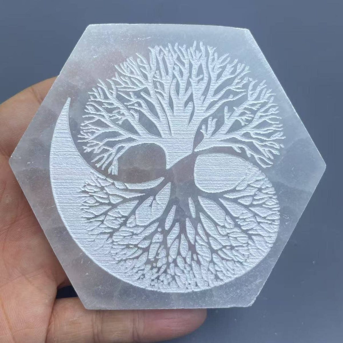 Selenite hexagon Charging Plate Tree of Life Crystal Decor4”