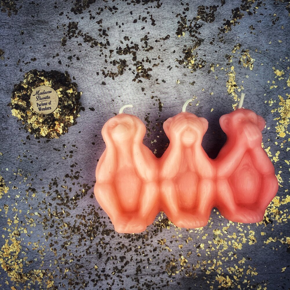 Beeswax Stop Jealous Gossip Three Monkeys Spell Candle - Northern Magick Supplies