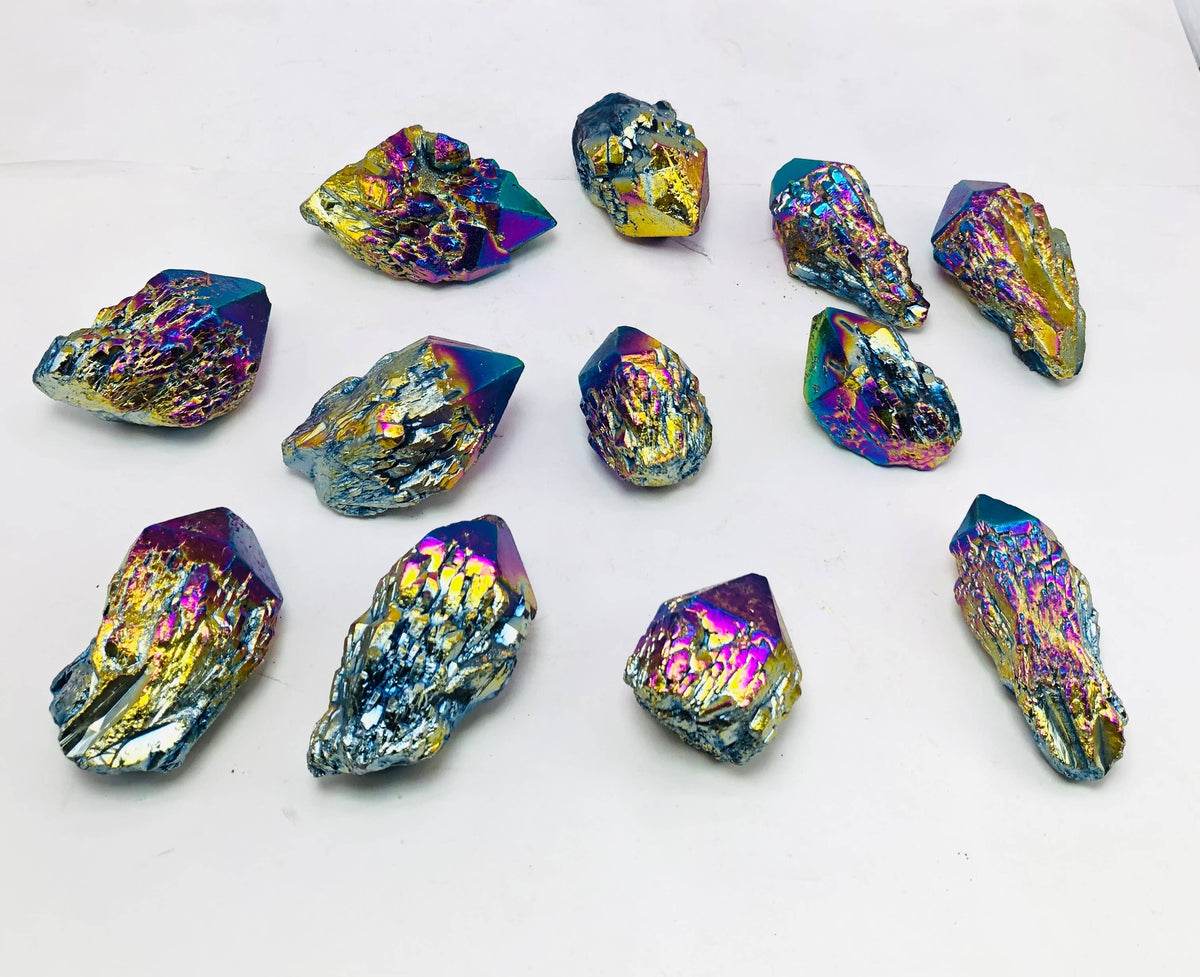 1LB Titanium Rainbow Aura Quartz Crystal Points Bulk Lot