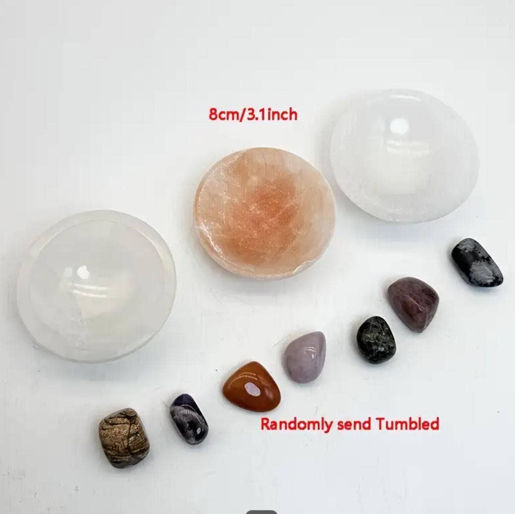 Selenite Charging Bowl (8cm) + 7 Chakra Tumbled Stones Set