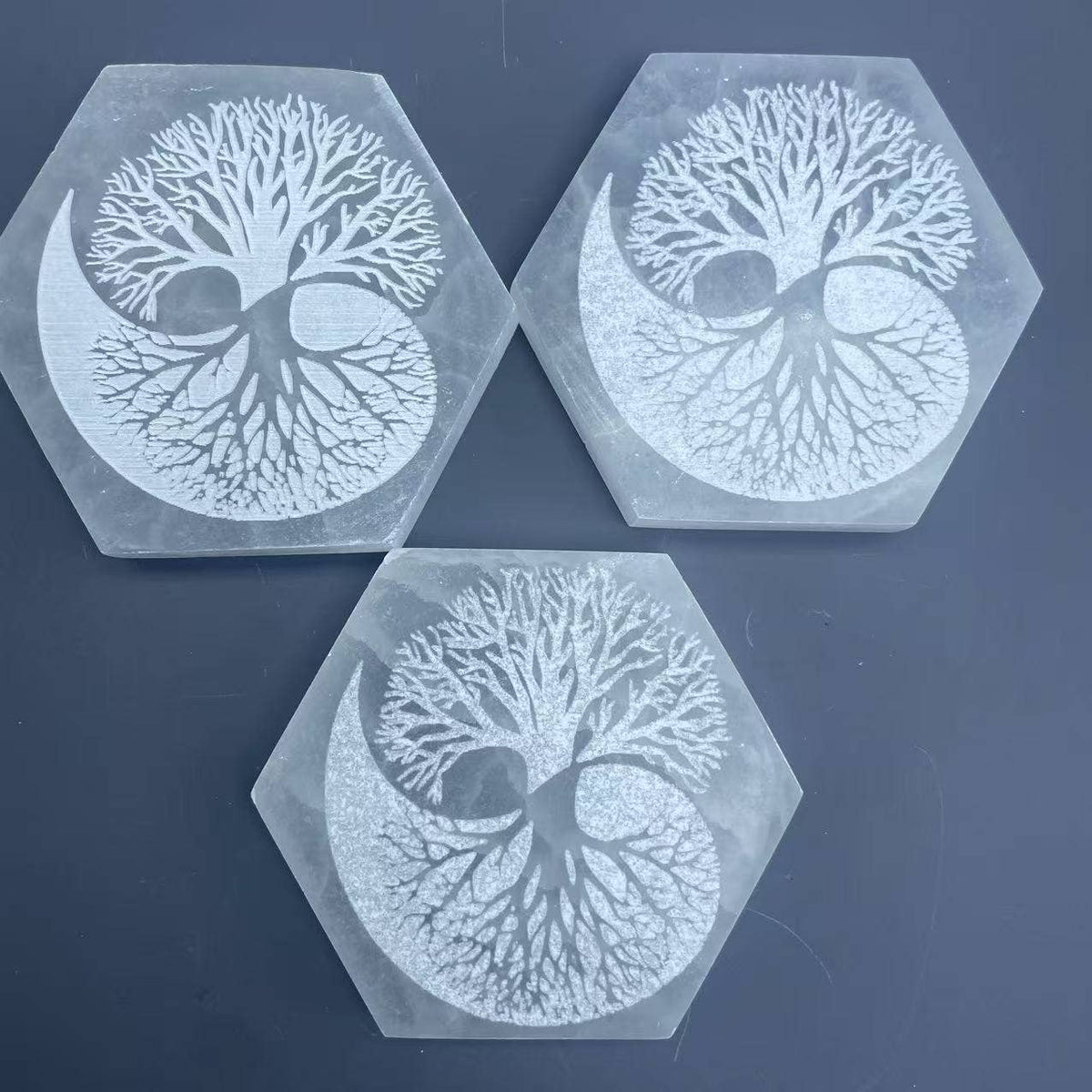 Selenite hexagon Charging Plate Tree of Life Crystal Decor4”