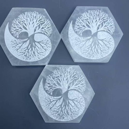 Selenite hexagon Charging Plate Tree of Life Crystal Decor4”