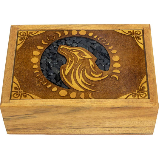 Velvet Lined Laser Etched Wooden Box - Wolf w/ Black Onyx - Northern Magick Supplies