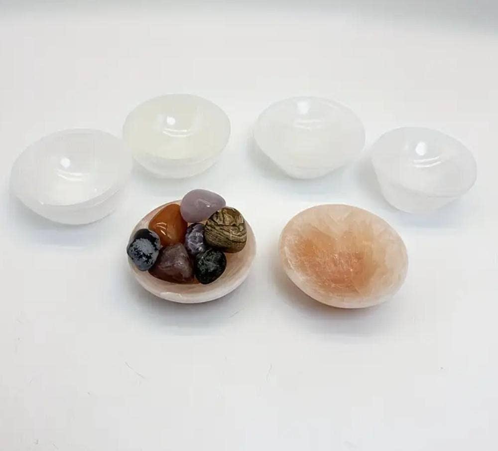 Selenite Charging Bowl (8cm) + 7 Chakra Tumbled Stones Set