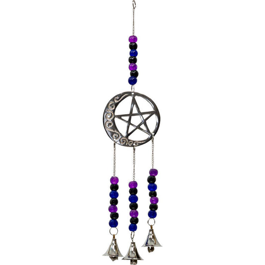 Brass Bell Chime - Pentacle & Moon w/ Beads (Each) - Northern Magick Supplies