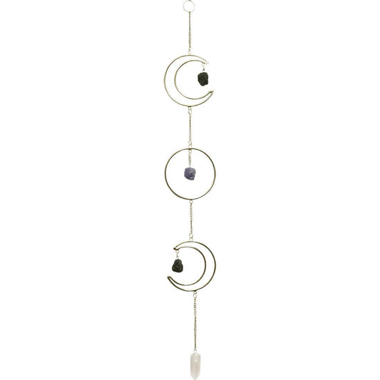 Metal Wall Hanging Triple Moon w/ Crystal Point & Gemstones - Northern Magick Supplies