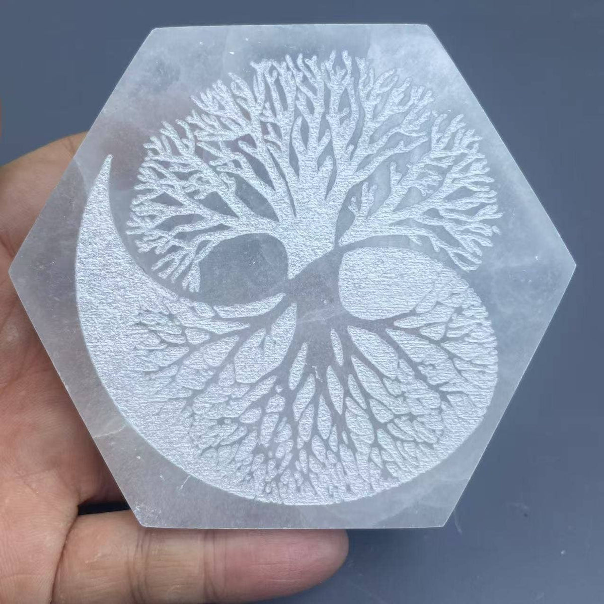 Selenite hexagon Charging Plate Tree of Life Crystal Decor4”