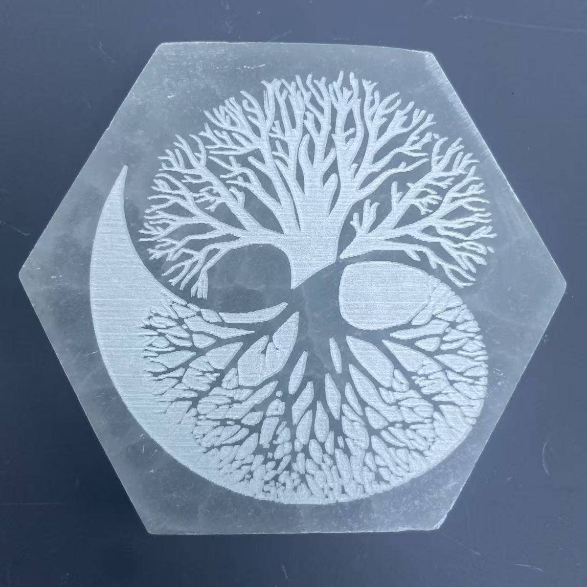 Selenite hexagon Charging Plate Tree of Life Crystal Decor4”