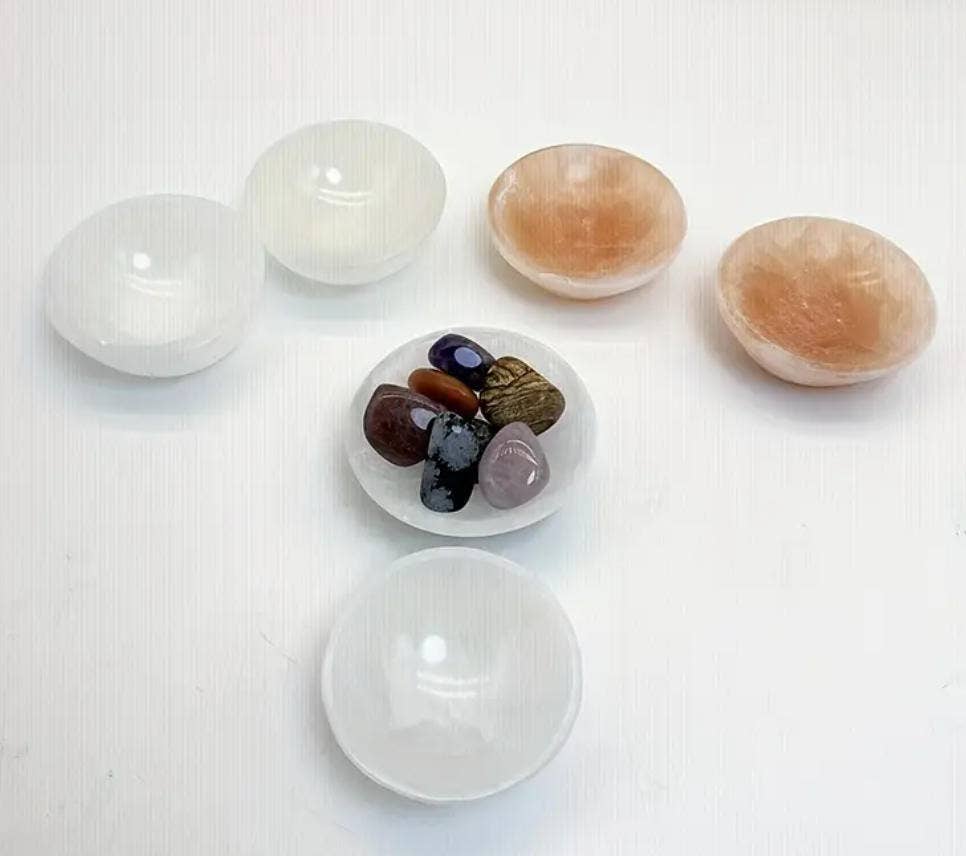 Selenite Charging Bowl (8cm) + 7 Chakra Tumbled Stones Set