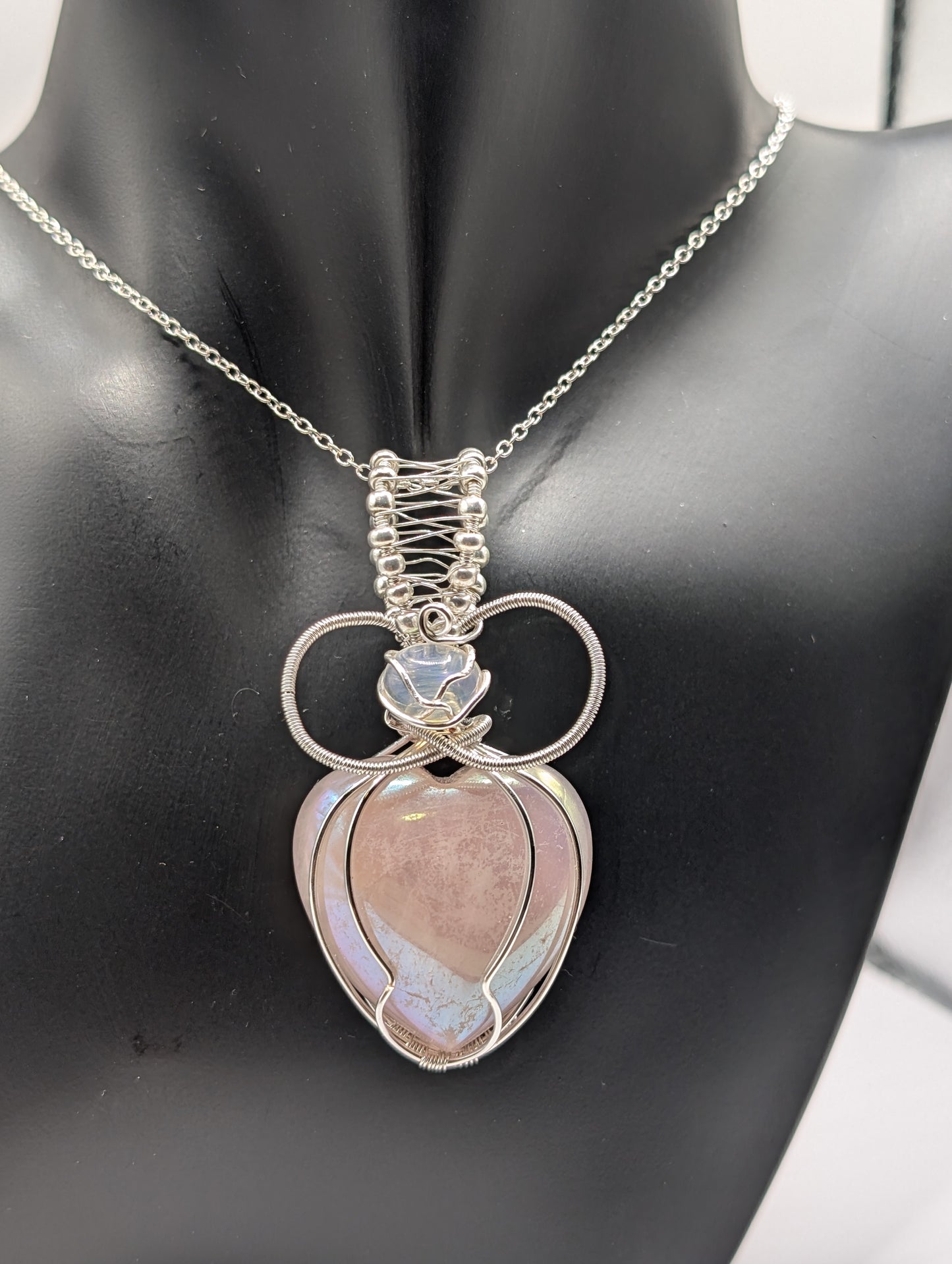 🌸💖 Introducing Our Stunning Wire Wrapped Aura Rose Quartz and Opal Pendant! 💖🌸