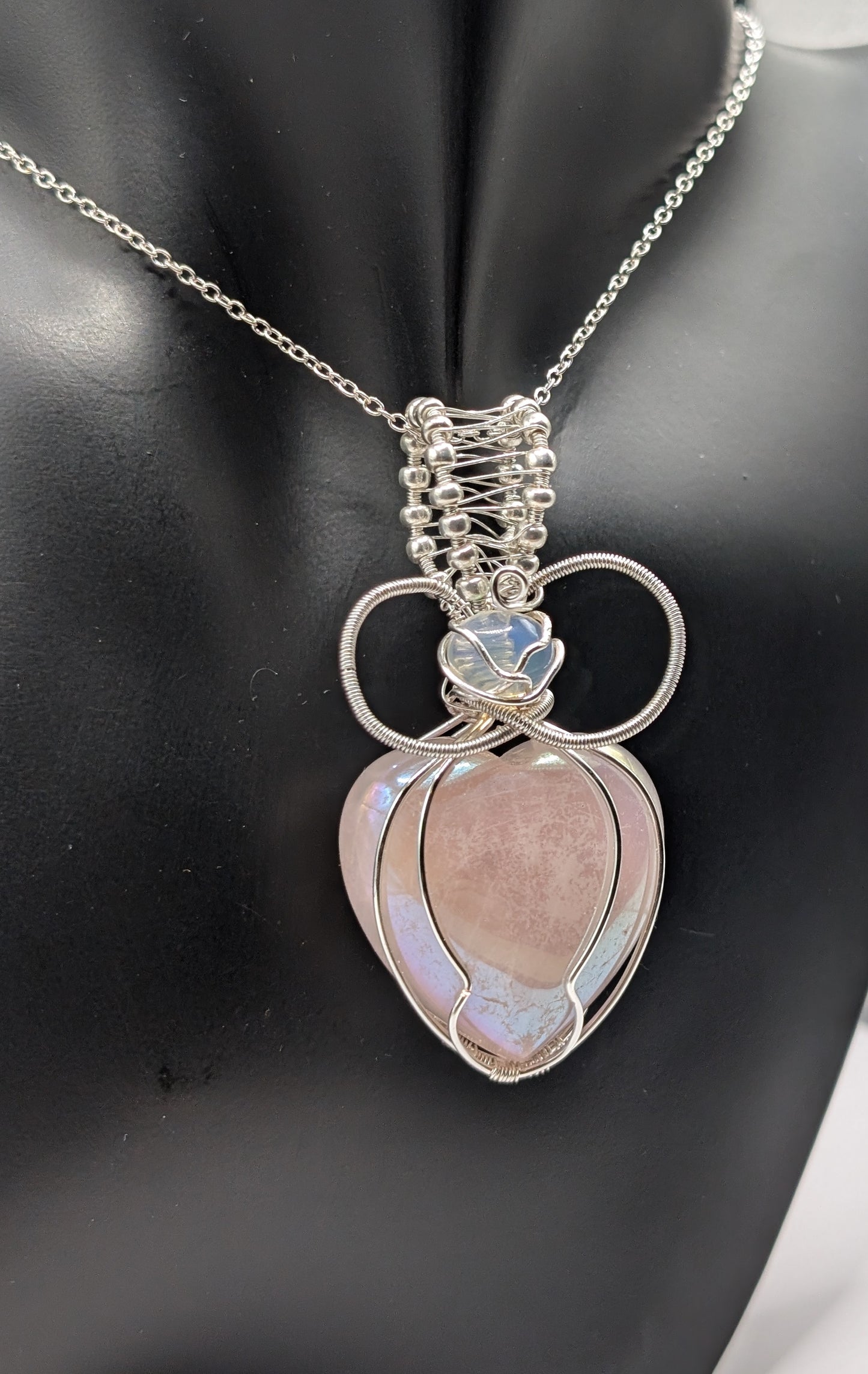 🌸💖 Introducing Our Stunning Wire Wrapped Aura Rose Quartz and Opal Pendant! 💖🌸