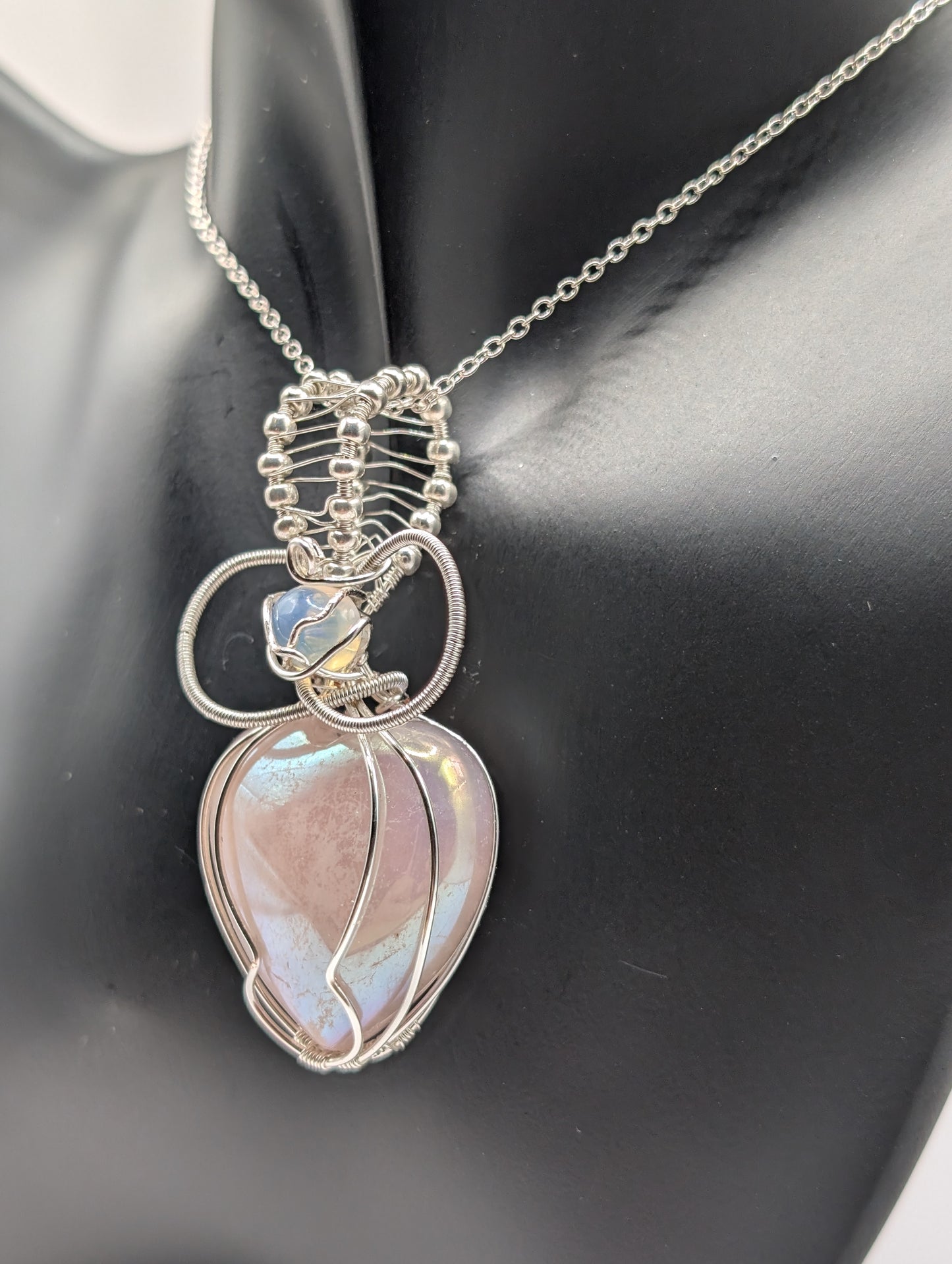 🌸💖 Introducing Our Stunning Wire Wrapped Aura Rose Quartz and Opal Pendant! 💖🌸