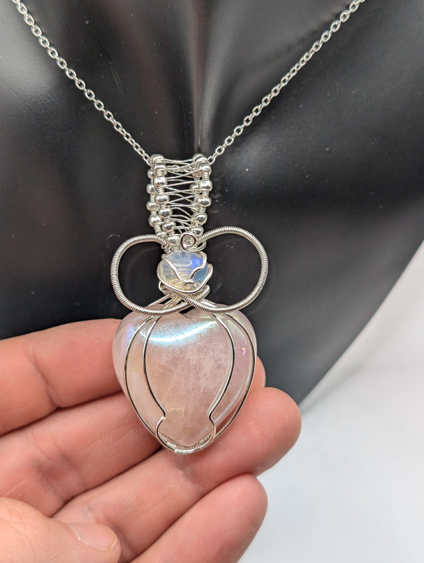 🌸💖 Introducing Our Stunning Wire Wrapped Aura Rose Quartz and Opal Pendant! 💖🌸