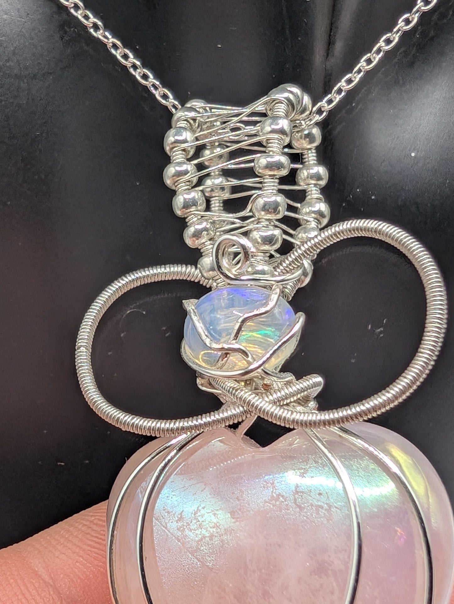 🌸💖 Introducing Our Stunning Wire Wrapped Aura Rose Quartz and Opal Pendant! 💖🌸