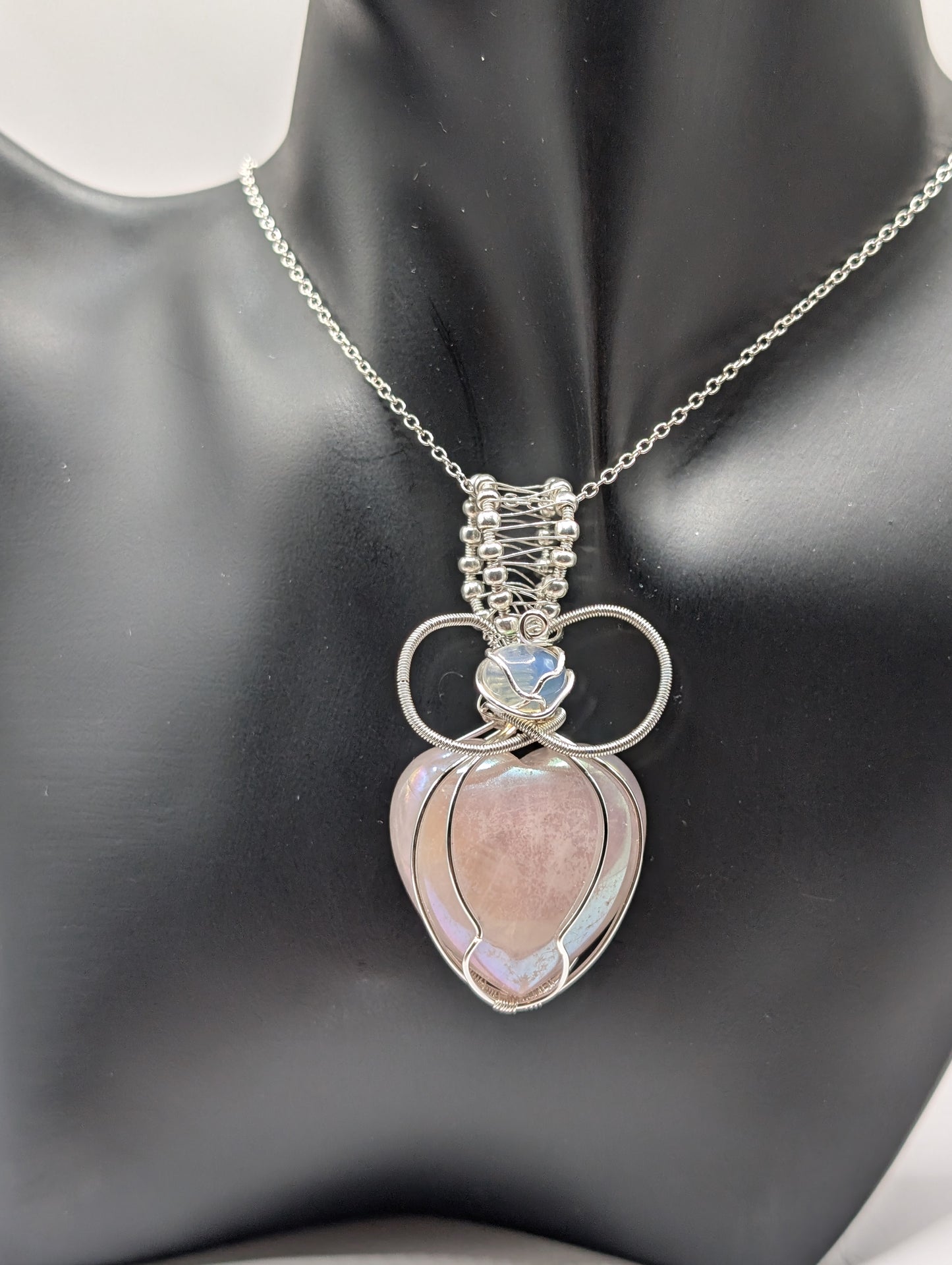 🌸💖 Introducing Our Stunning Wire Wrapped Aura Rose Quartz and Opal Pendant! 💖🌸