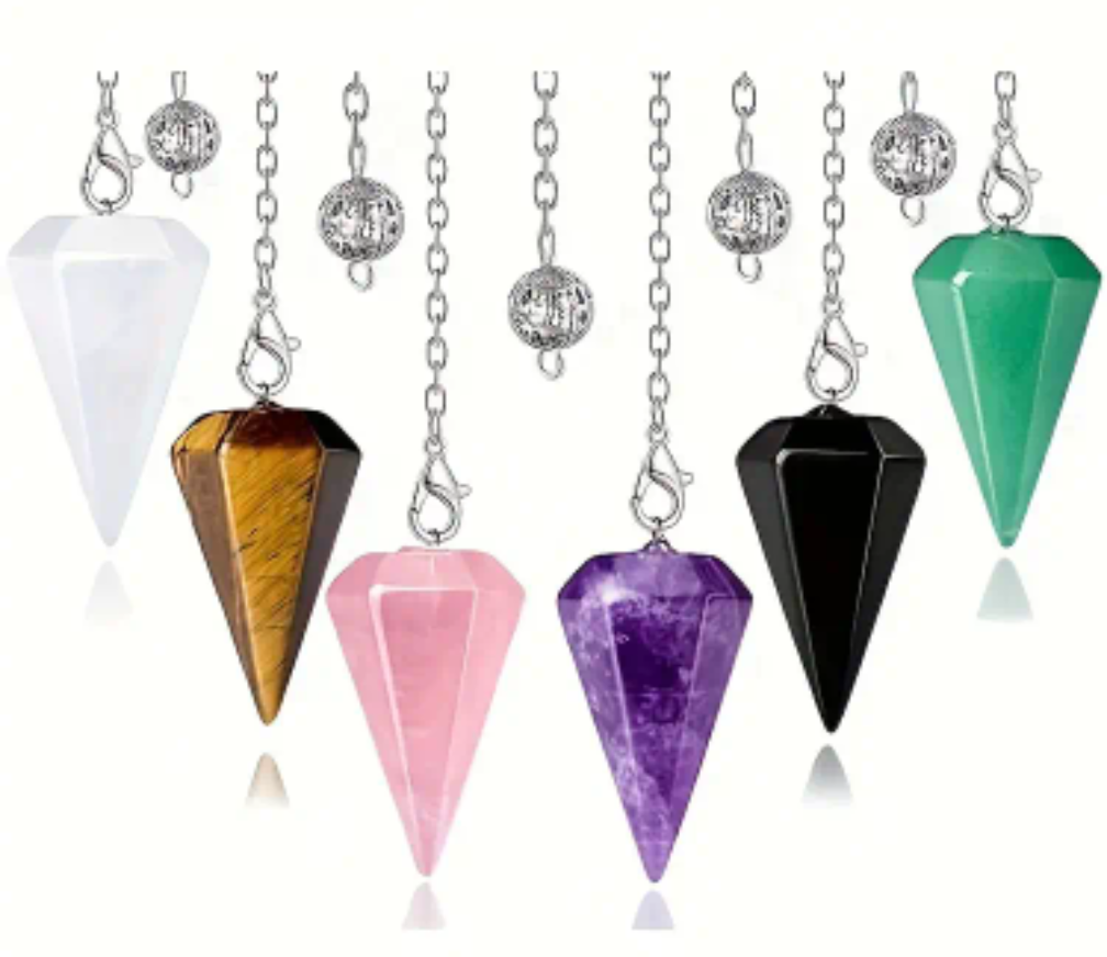 A Set of 6 Crystal Pendulums for Witchcraft Enthusiasts, Featuring Divination Tools, Crystal Gemstones, Colorful Quartz