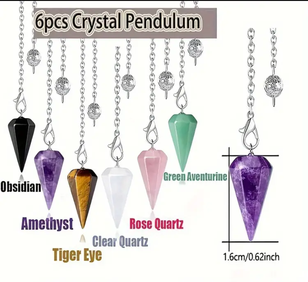 A Set of 6 Crystal Pendulums for Witchcraft Enthusiasts, Featuring Divination Tools, Crystal Gemstones, Colorful Quartz