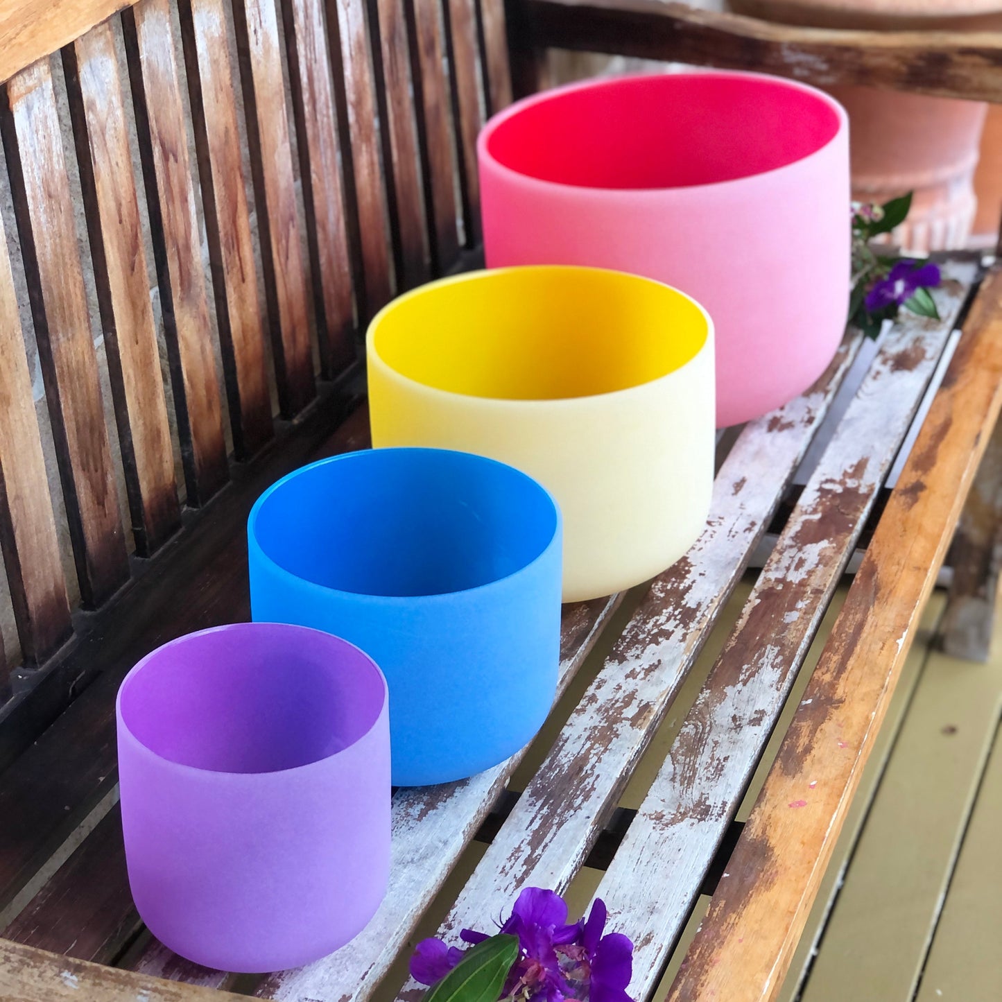 Set of 4 Rainbow Color Sound Therapy Bowls in Beige Carry-On Case
