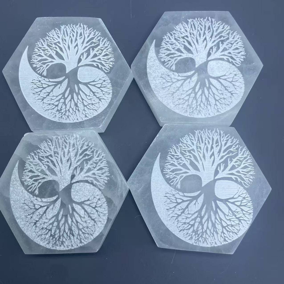 Selenite hexagon Charging Plate Tree of Life Crystal Decor4”