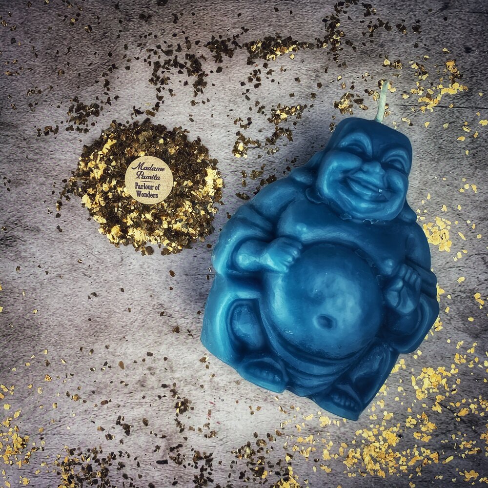 Beeswax Laughing Buddha Spell Candle - Wealth, Luck & Prosperity Magic - Northern Magick Supplies