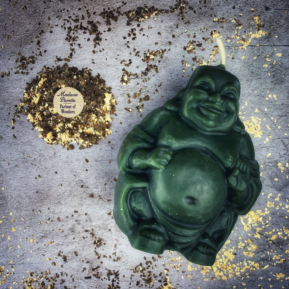 Beeswax Laughing Buddha Spell Candle - Wealth, Luck & Prosperity Magic - Northern Magick Supplies