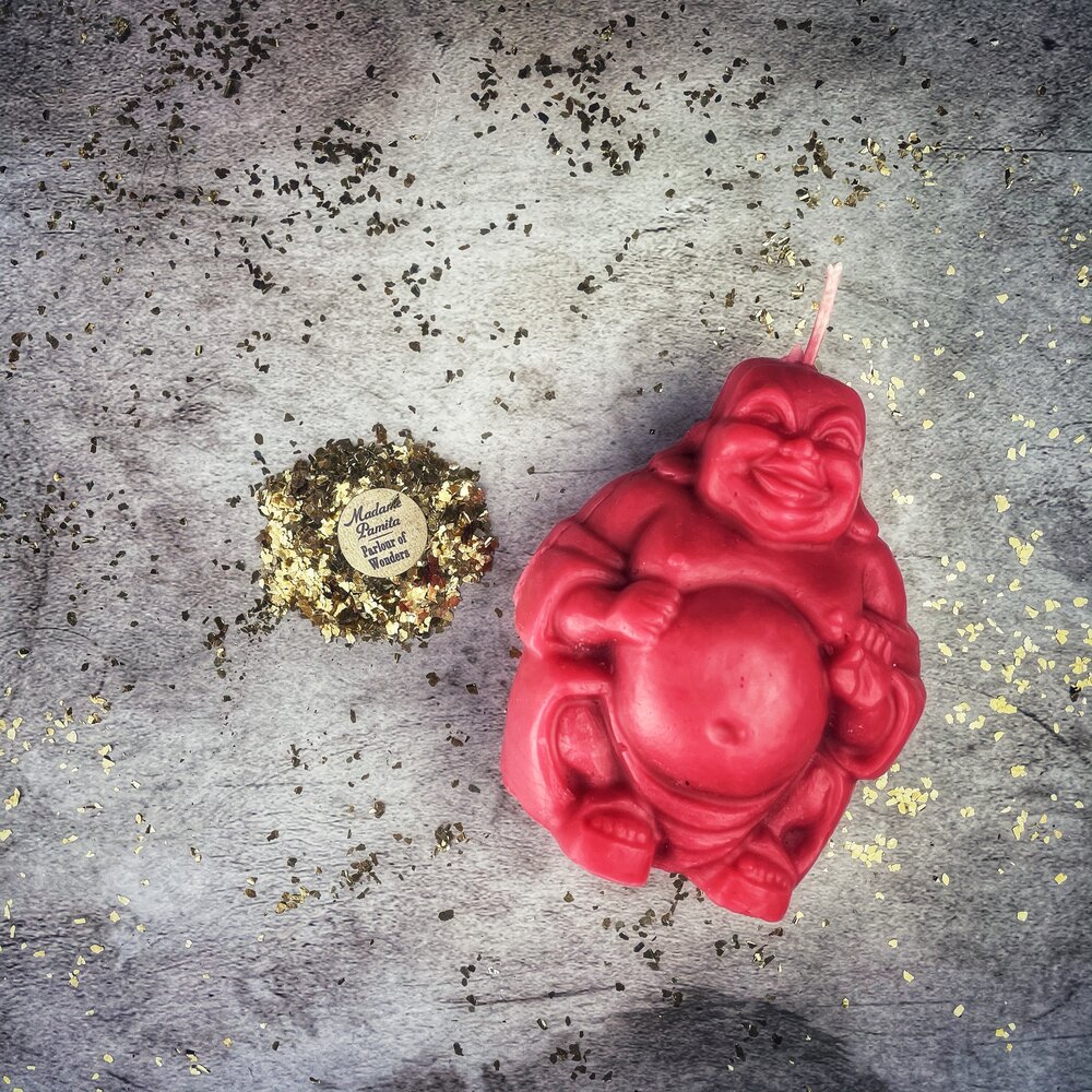Beeswax Laughing Buddha Spell Candle - Wealth, Luck & Prosperity Magic - Northern Magick Supplies