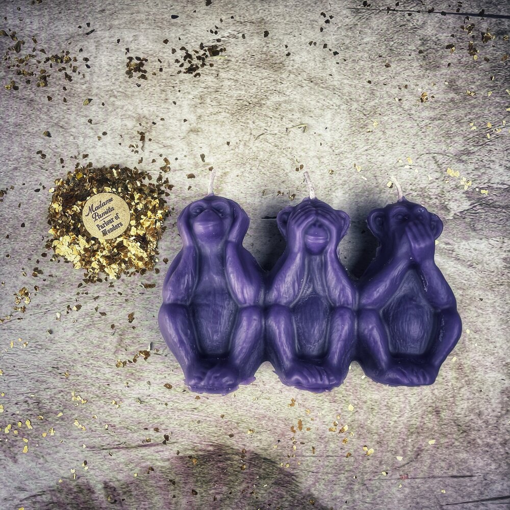 Beeswax Stop Jealous Gossip Three Monkeys Spell Candle - Northern Magick Supplies