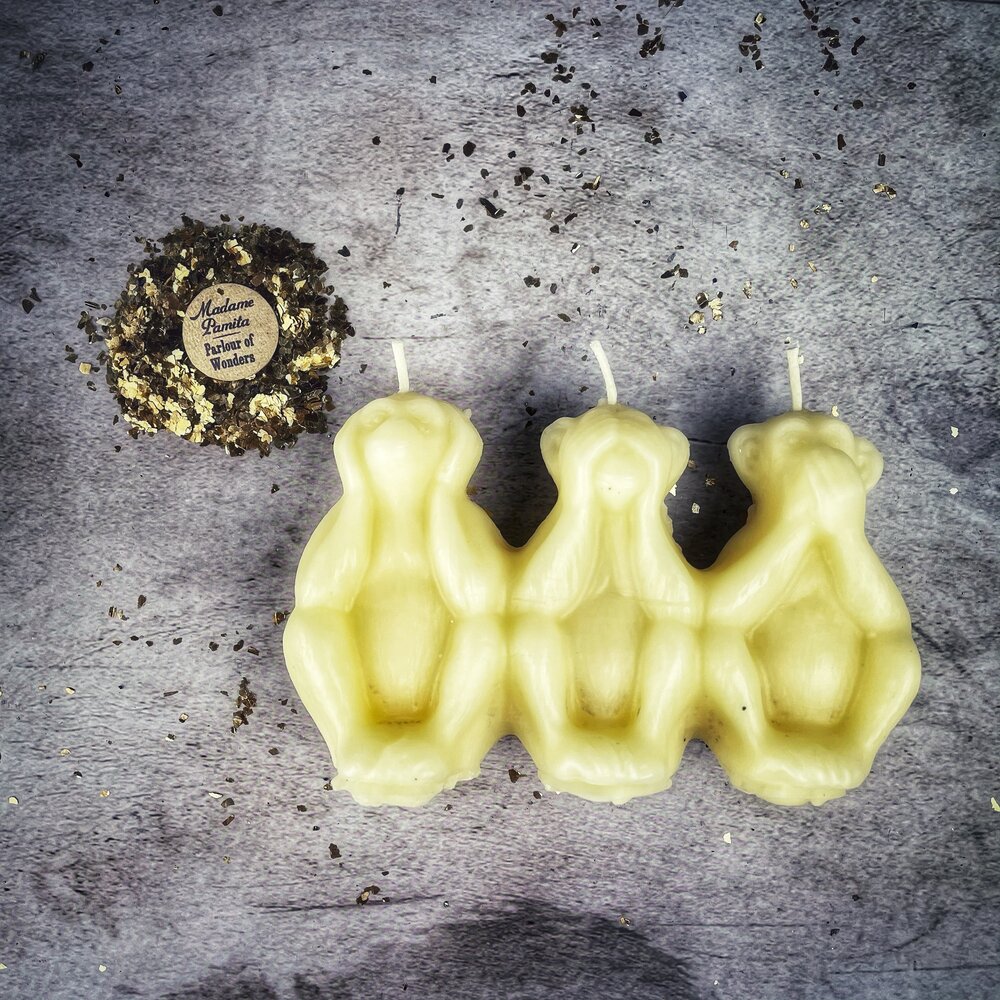 Beeswax Stop Jealous Gossip Three Monkeys Spell Candle - Northern Magick Supplies