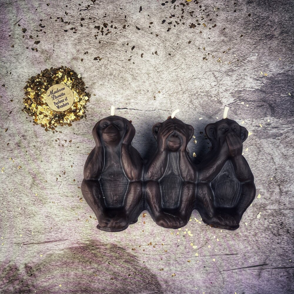 Beeswax Stop Jealous Gossip Three Monkeys Spell Candle - Northern Magick Supplies