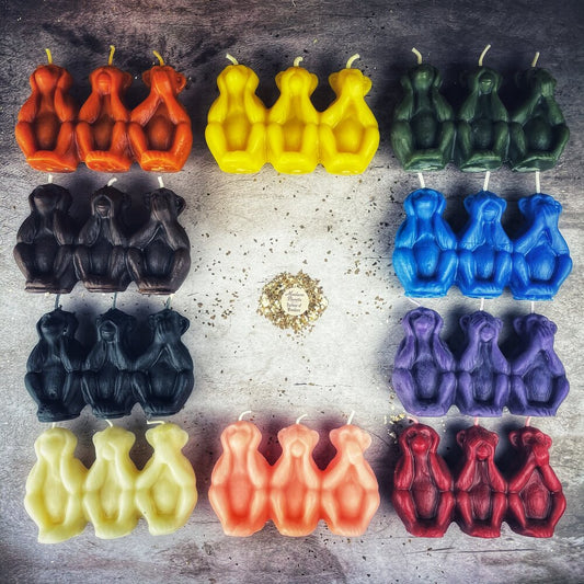 Beeswax Stop Jealous Gossip Three Monkeys Spell Candle - Northern Magick Supplies