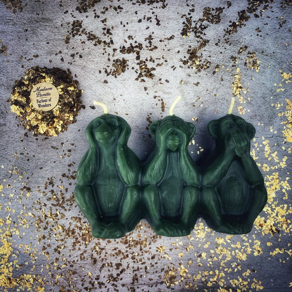 Beeswax Stop Jealous Gossip Three Monkeys Spell Candle - Northern Magick Supplies