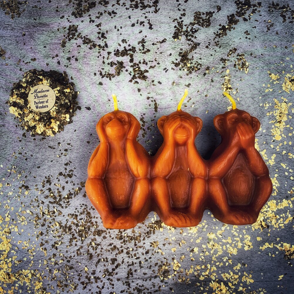 Beeswax Stop Jealous Gossip Three Monkeys Spell Candle - Northern Magick Supplies