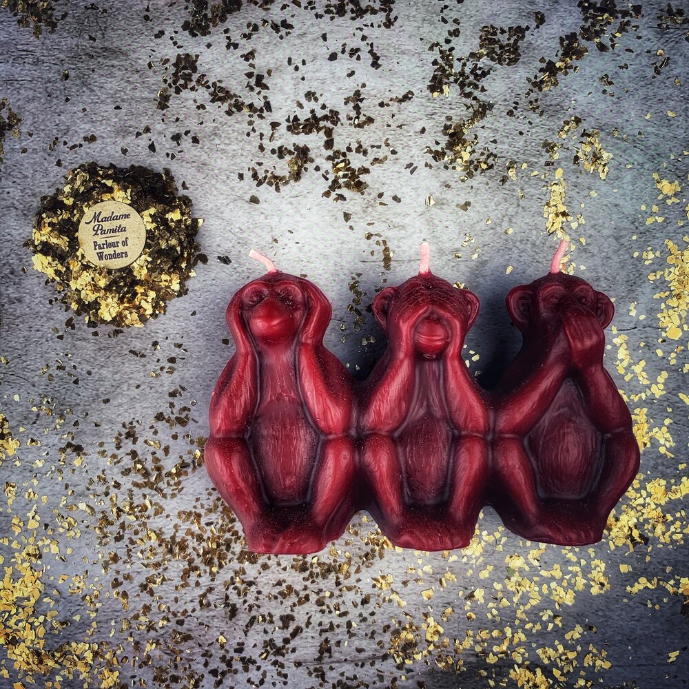 Beeswax Stop Jealous Gossip Three Monkeys Spell Candle - Northern Magick Supplies