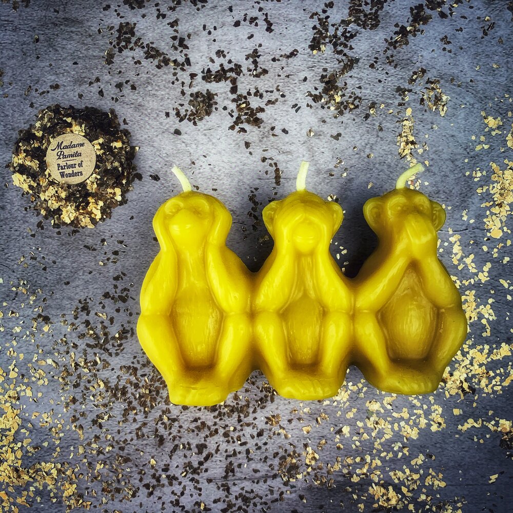Beeswax Stop Jealous Gossip Three Monkeys Spell Candle - Northern Magick Supplies