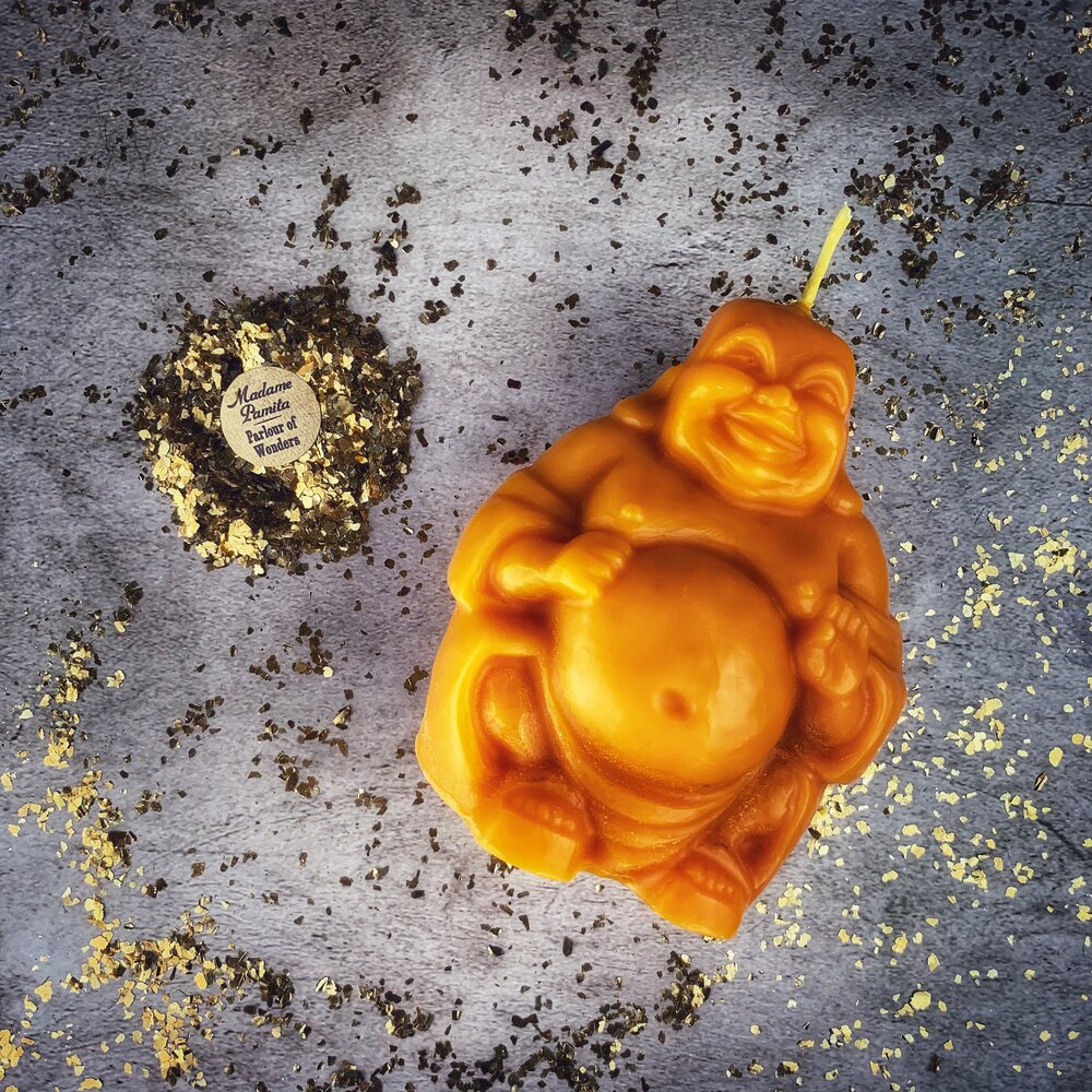 Beeswax Laughing Buddha Spell Candle - Wealth, Luck & Prosperity Magic - Northern Magick Supplies