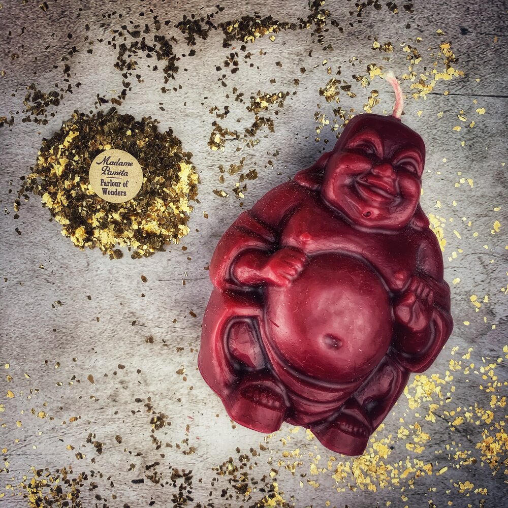 Beeswax Laughing Buddha Spell Candle - Wealth, Luck & Prosperity Magic - Northern Magick Supplies