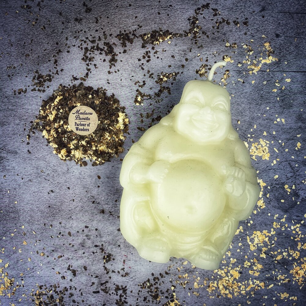 Beeswax Laughing Buddha Spell Candle - Wealth, Luck & Prosperity Magic - Northern Magick Supplies