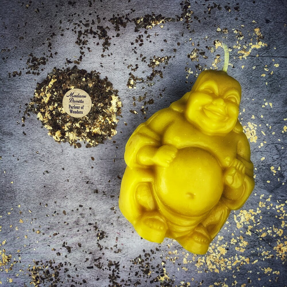 Beeswax Laughing Buddha Spell Candle - Wealth, Luck & Prosperity Magic - Northern Magick Supplies